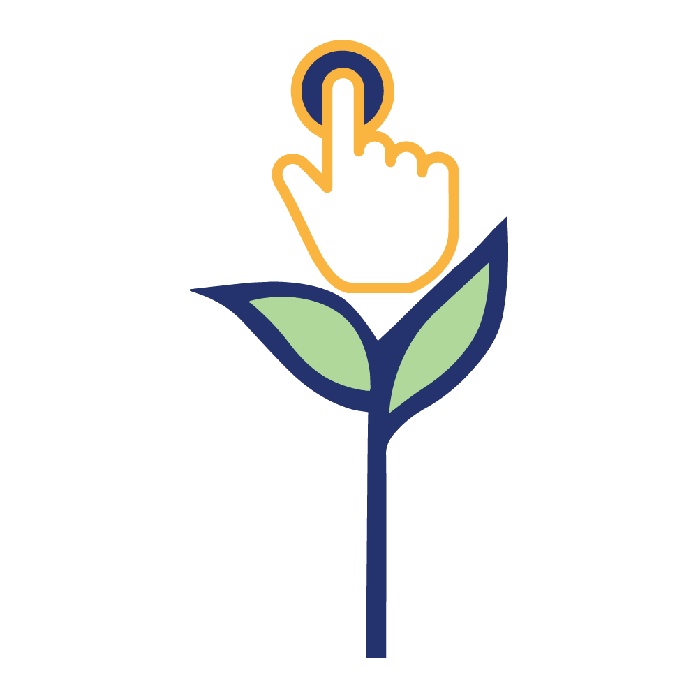 A decorative hand shape atop a Drexel Smart House-style stem, touching a button. The 'Interaction' core value logo.